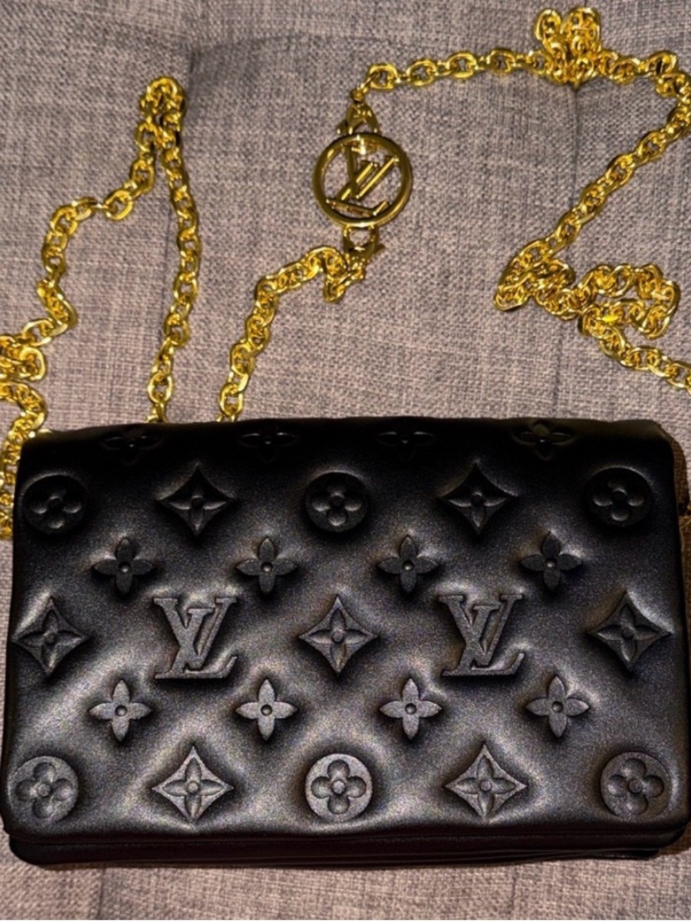 Black MonoEmbossed Crossbody with Gold Chain 
d u p e